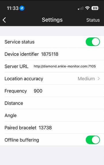 AMClient app Settings screen showing Server URL, Device Identifier, Location accuracy, and Frequency configuration